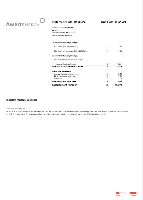 USA Ambit Energy business utility bill Word and PDF template 3 page PSD template